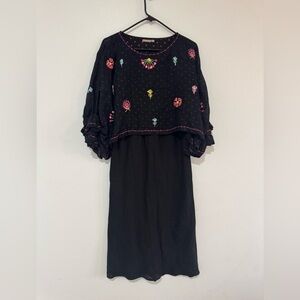 Kaveri‎ Embroidered Linen Black Dress With Floral Sz M